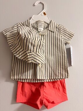 Carter's Cream & Navy Striped Shirt with Coral Shorts and Sun Hat
